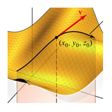 Vector tangent to a 3D surface path; Calculus textbook illustration art.