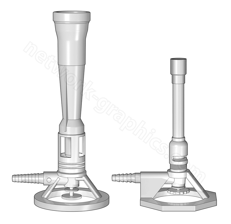 Illustration of two types of laboratory burners: a Bunsen burner and a Teclu burner, used for heating substances in scientific experiments with adjustable air valves for flame control.