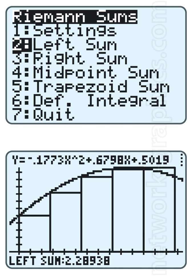 Graphing calculator interface with menu options for Riemann sums, and a graph displaying a left Riemann sum for a quadratic function.