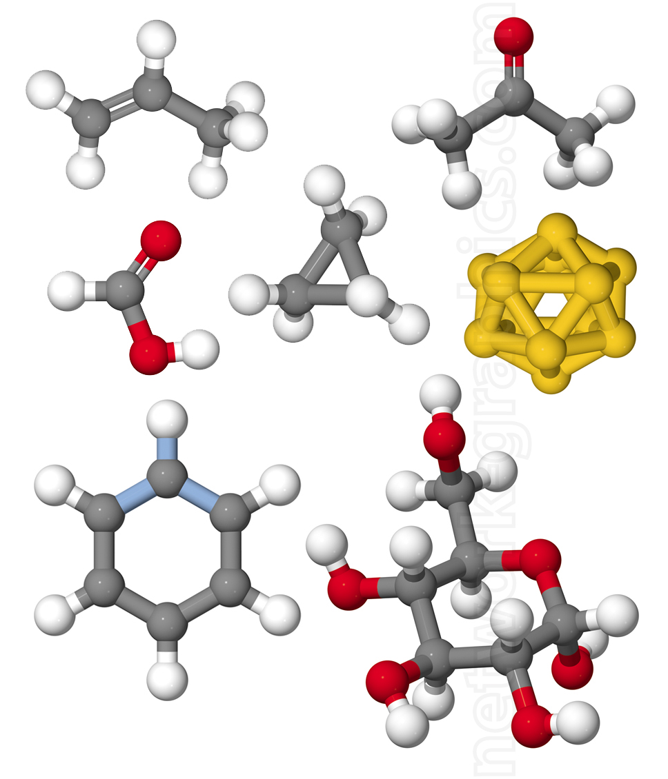 3D molecular models of various organic compounds, including cyclic and polyhedral structures, with atoms represented by different colors: grey for carbon, white for hydrogen, red for oxygen, and blue for nitrogen.