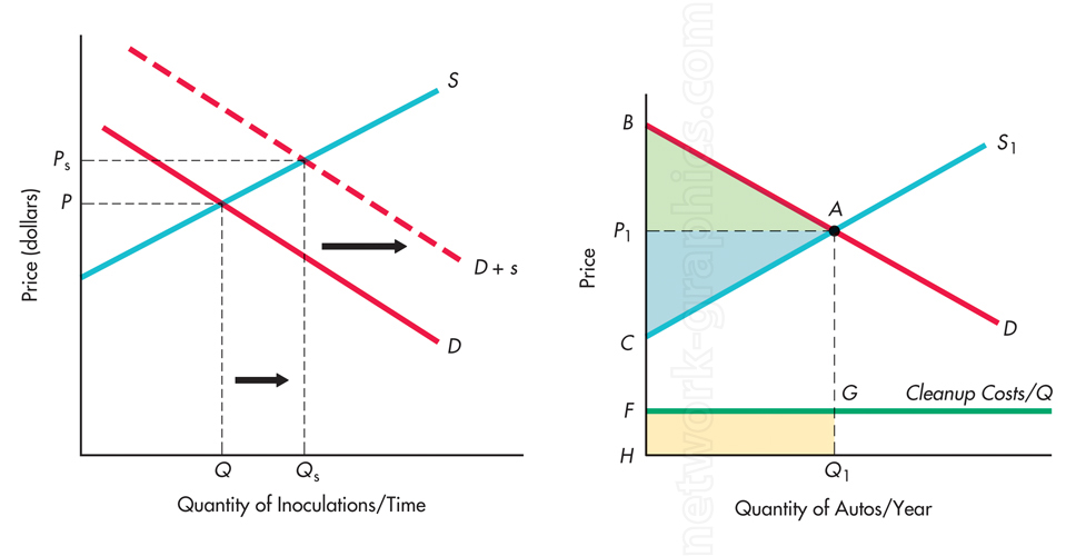 Two economic graphs: one illustrating the effect of a subsidy on the inoculation market, shifting demand and equilibrium, and the other depicting auto production's market equilibrium, highlighting cleanup costs and surplus areas associated with externalities.