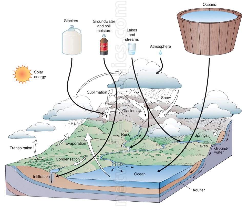 Illustration showing the hydrological cycle with solar energy driving evaporation, condensation, precipitation, and runoff, along with water stored in glaciers, lakes, groundwater, and oceans.