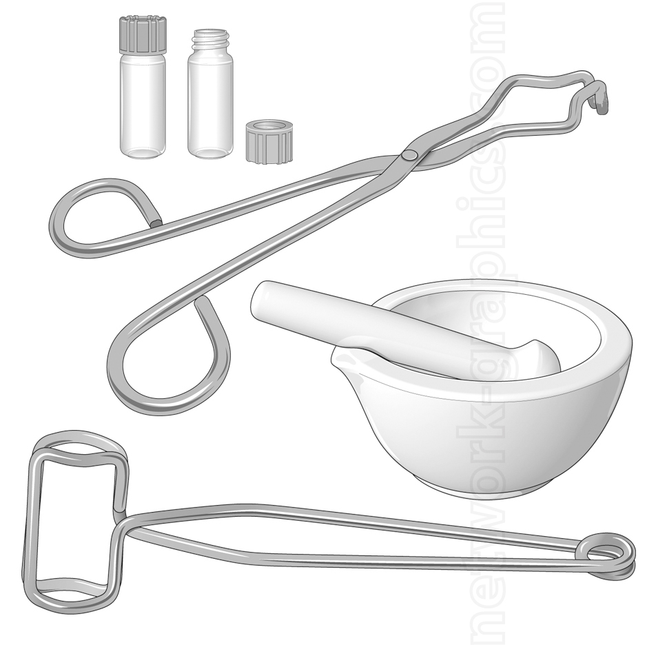 Illustration of laboratory equipment, including a mortar and pestle, tongs, test tube clamp, and capped vials, used for chemical handling, sample storage, and preparation in scientific experiments.