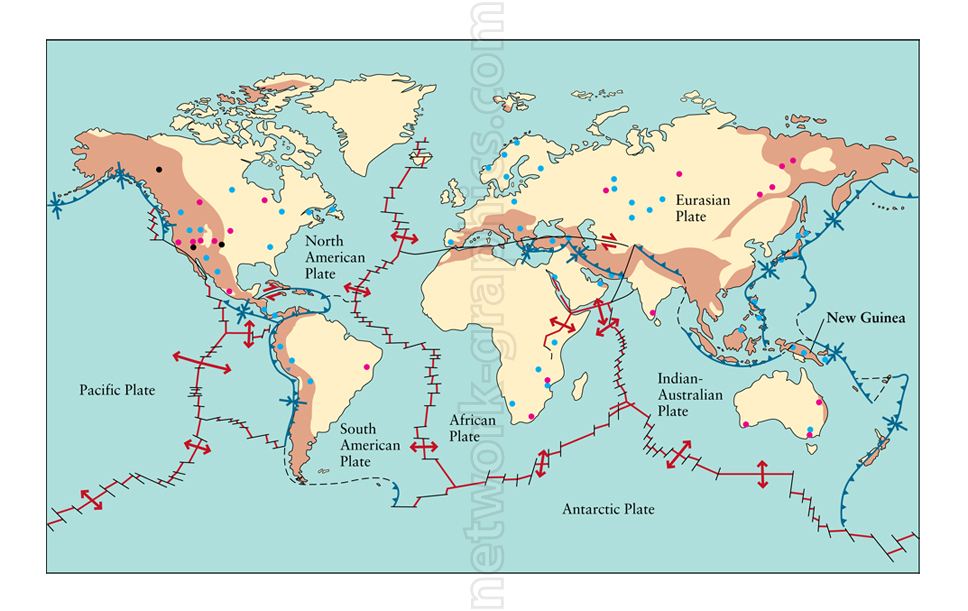 World map showing major tectonic plates with marked convergent, divergent, and transform faults. Earthquake-prone areas are highlighted with blue and red dots along plate boundaries.