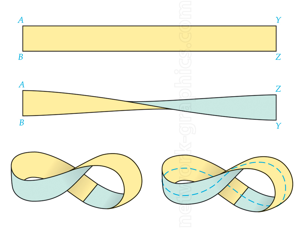 Diagram showing the transformation of a rectangular strip into a Möbius strip, illustrating the 180-degree twist and the resulting one-sided surface with a continuous path along its length.