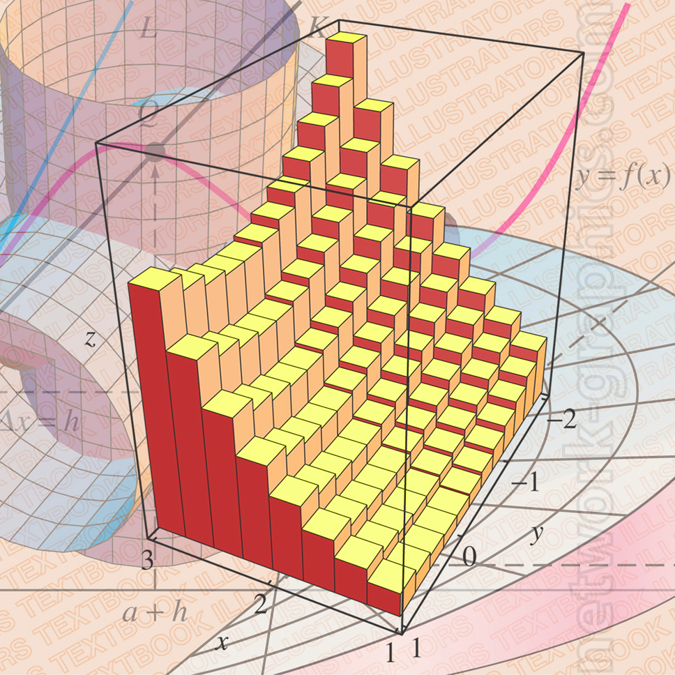 Colorful 3D illustration of Riemann sums represented by stacked rectangular boxes.