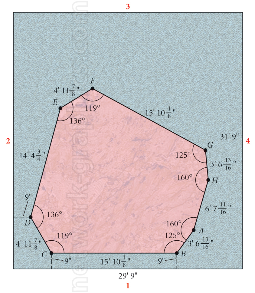 Irregular polygon with labeled vertices and angles, including side lengths between each vertex. The polygon is enclosed within a larger rectangular area with numbered sides.