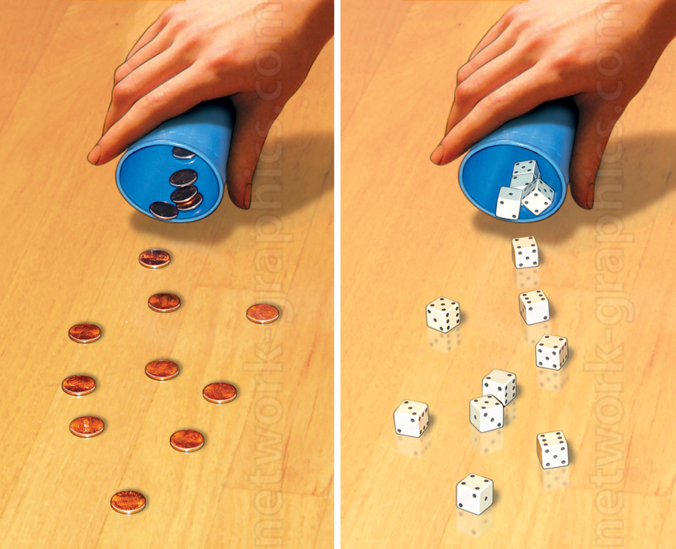 Two probability experiments: on the left, coins are being poured from a cup, landing randomly on the surface; on the right, dice are being poured from a cup, with the dice landing in various orientations.