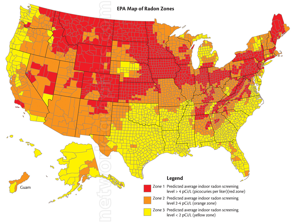 EPA map of radon zones in the United States, color-coded by predicted average indoor radon screening levels: red for levels over 4 pCi/L, orange for levels between 2 and 4 pCi/L, and yellow for levels under 2 pCi/L.