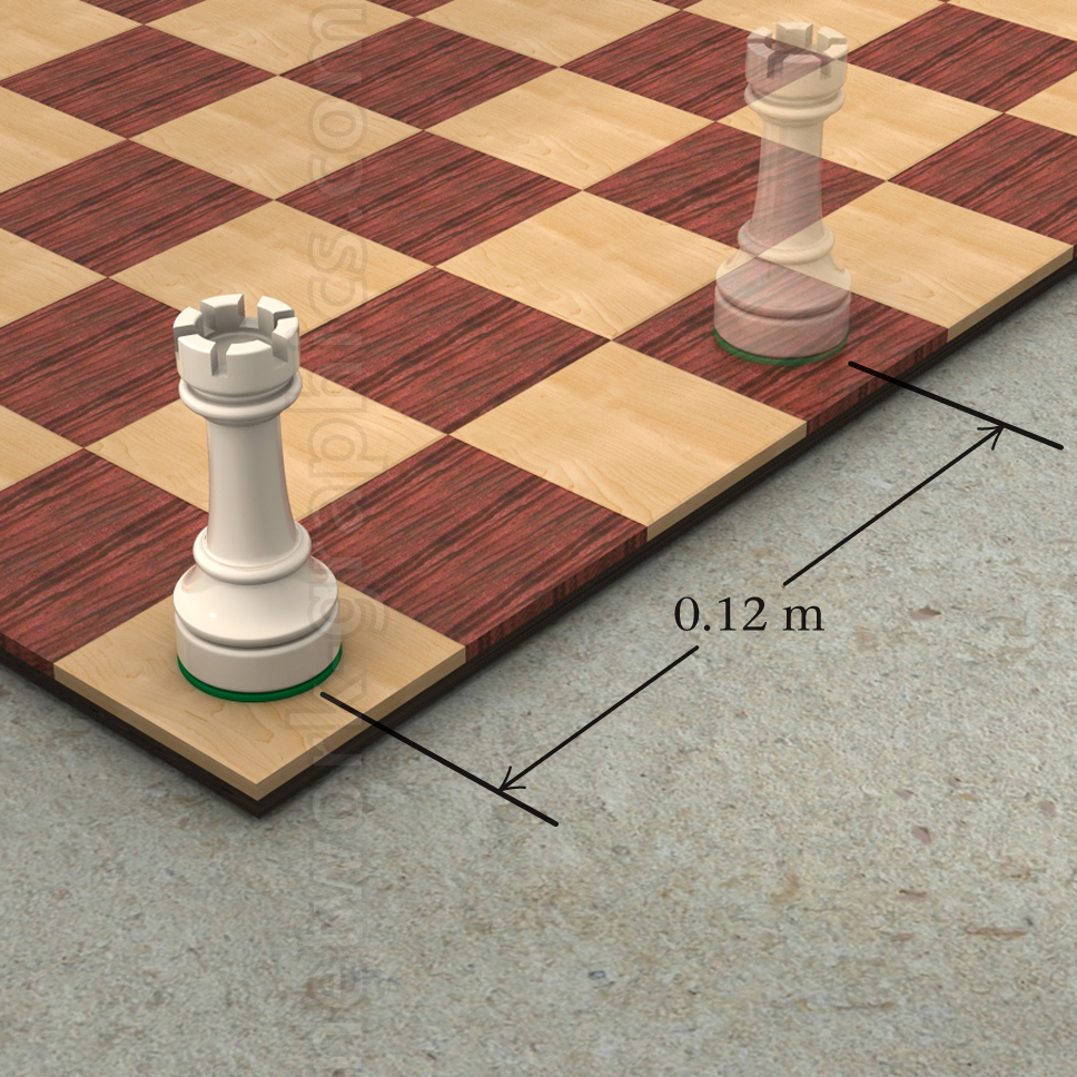 Chessboard illustration with two rooks, showing the movement from one square to another with a marked displacement of 0.12 meters. One rook is solid, representing the initial position, and the other is semi-transparent, indicating the final position.