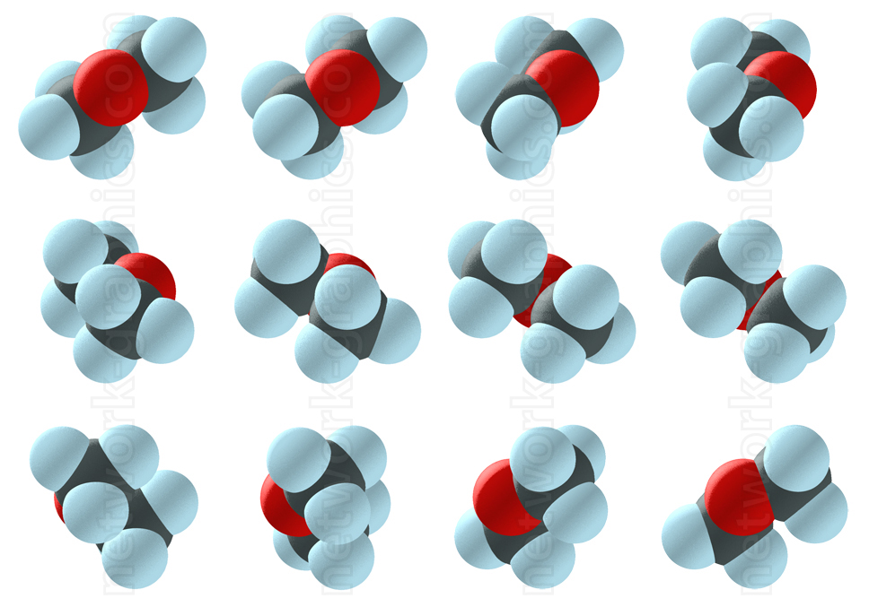 A collection of 3D molecular models of hydrocarbons, showing carbon, hydrogen, and oxygen atoms arranged in various configurations. The models are in space-filling form, providing a detailed view of molecular structures.