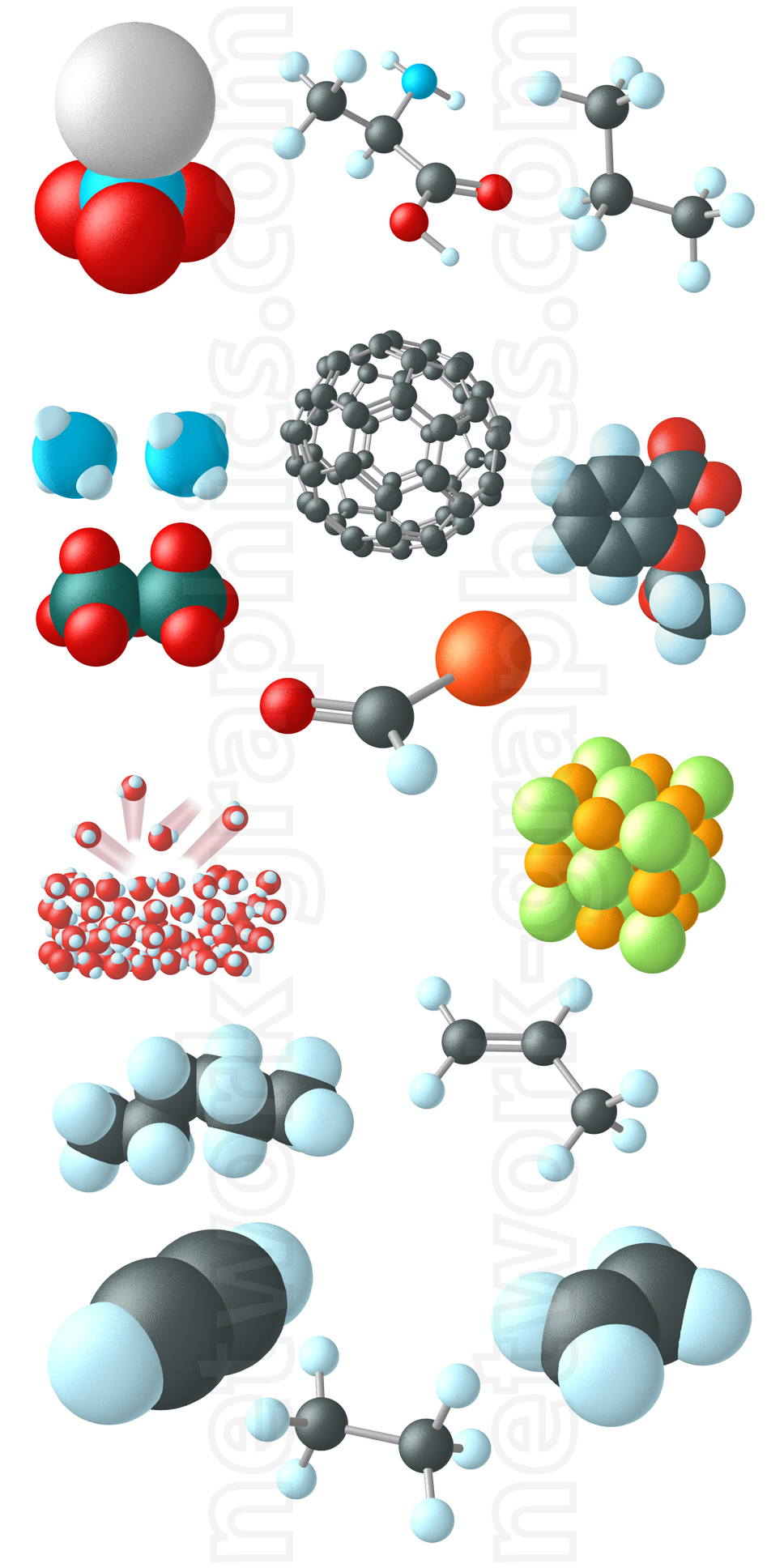 Space-filling models of different chemical compounds, showing molecular structures such as methane and fullerene (C60) with 3D representations of atoms bonded in space.