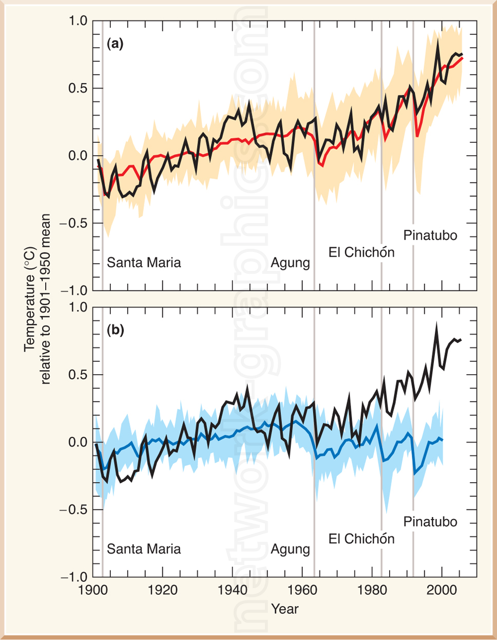 Graph showing global temperature changes relative to the 1901–1950 mean with notable volcanic eruptions, including Santa Maria, Agung, El Chichón, and Pinatubo, and the impact on temperature trends in two panels with uncertainty ranges.