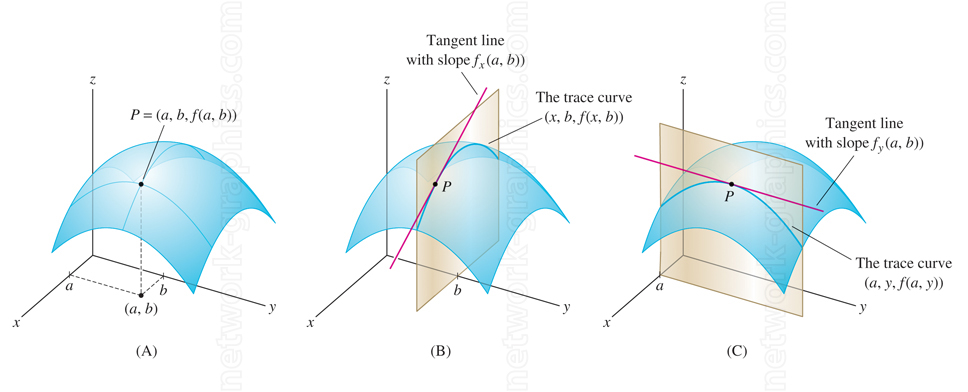 This illustration provides a comprehensive view of trace curves, tangent lines, and partial derivatives on a 3D surface. The resulting trace curves reveal the function’s behavior in these specific cross-sections, showing the relationship between changes along the axes and the height of the surface. 