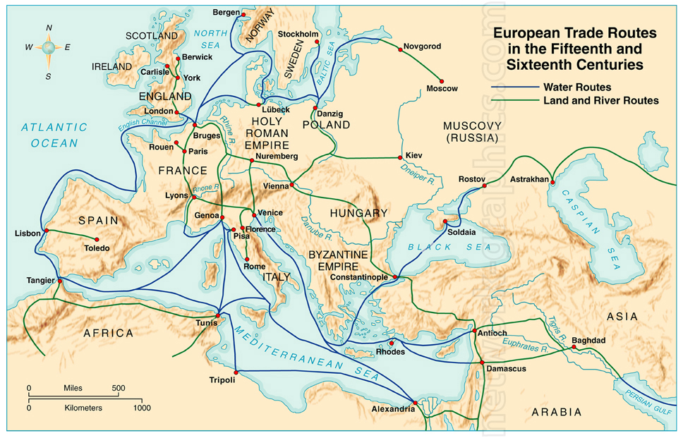 Map showing European trade routes in the 15th and 16th centuries, with water routes in blue and land/river routes in green. Major cities like Venice, Constantinople, Paris, and Moscow are highlighted, as well as key regions such as the Holy Roman Empire and the Byzantine Empire.