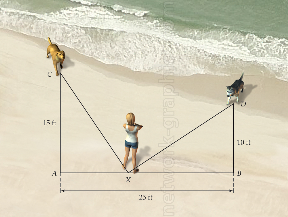 Diagram of a woman standing on a beach between two dogs, with dog C located 15 feet away and dog D located 10 feet away. The total distance between points A and B is 25 feet. The scenario illustrates right triangles formed by the woman’s position, the dogs, and points on the beach.