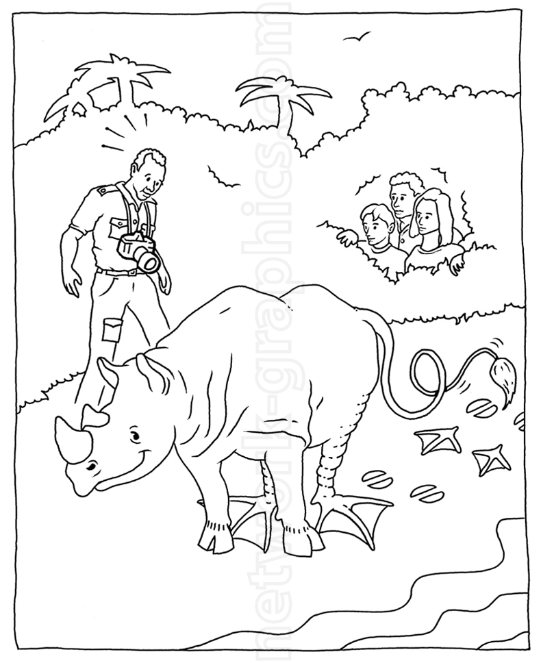 A cartoon of an explorer standing next to a rhinoceros with webbed feet, leaving unusual footprints in the sand. Three people observe from behind the bushes in the background.