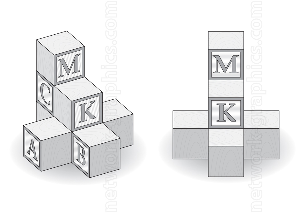 Illustration showing two different views of stacked alphabet blocks, one in a diagonal arrangement and the other in a cross-shaped structure.