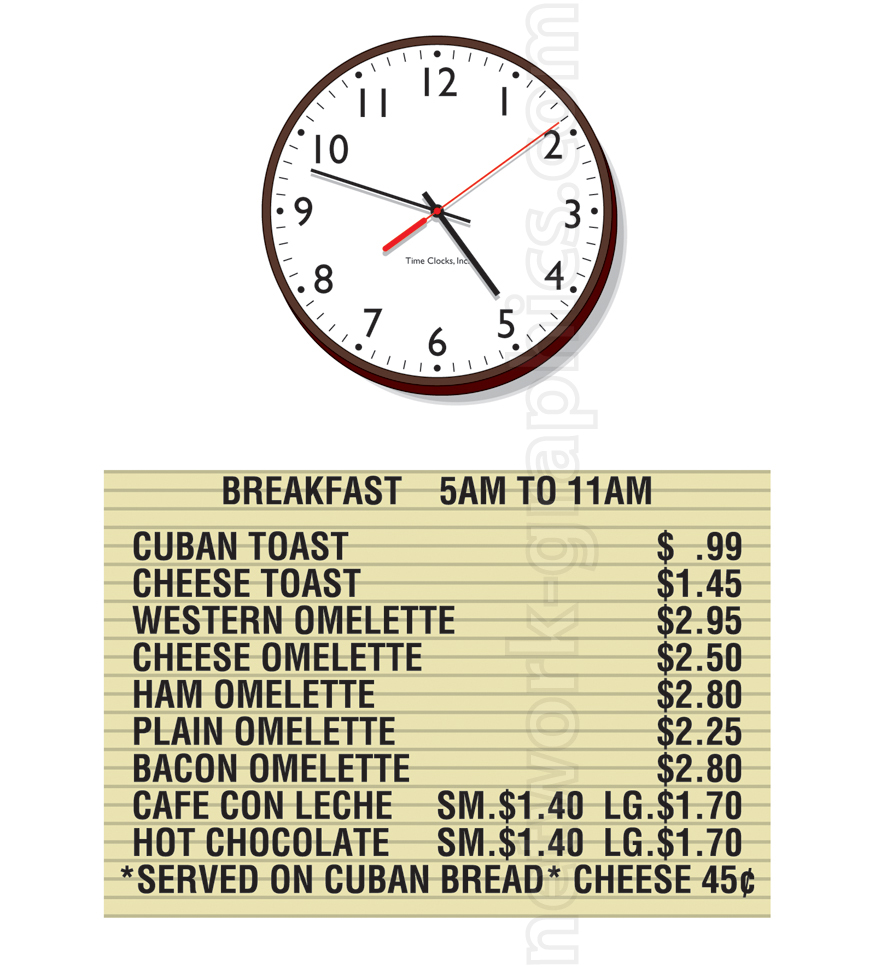 An analog clock above a breakfast menu listing items such as Cuban toast, omelets, and beverages, with prices in U.S. dollars. The menu is for breakfast served from 5 a.m. to 11 a.m.