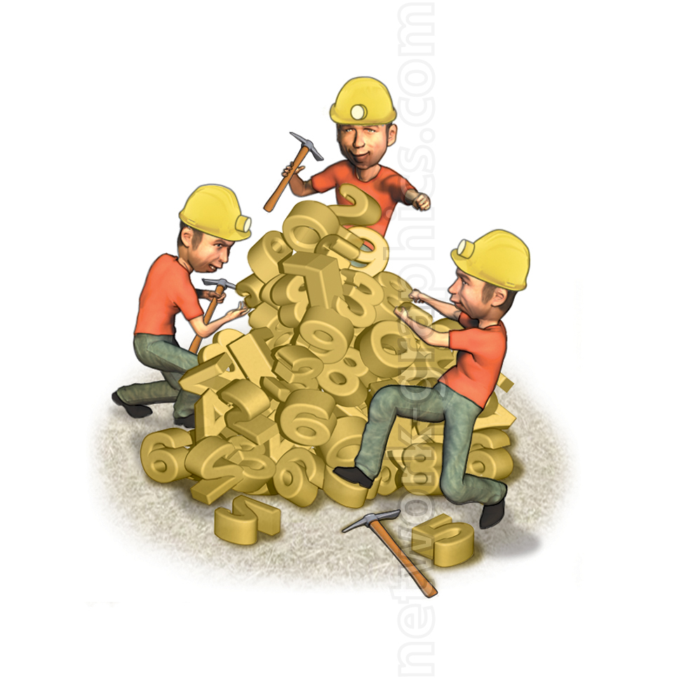 Cartoon illustration of miners in yellow helmets using pickaxes to chisel through a pile of golden numbers, symbolizing data mining and numerical analysis in a playful, educational context.