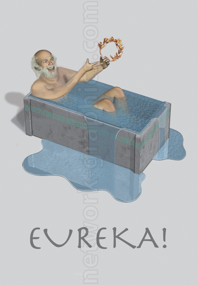 Archimedes sitting in a bathtub, holding a golden laurel wreath, with water spilling over the sides and the word "Eureka!" written below, symbolizing his discovery of the principle of buoyancy.