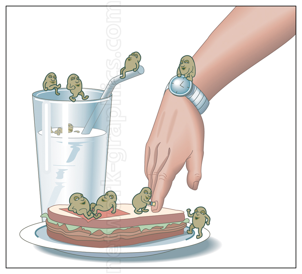 Hand reaching for a sandwich with small germ-like characters climbing from the hand and wrist onto the food and a nearby glass of milk.