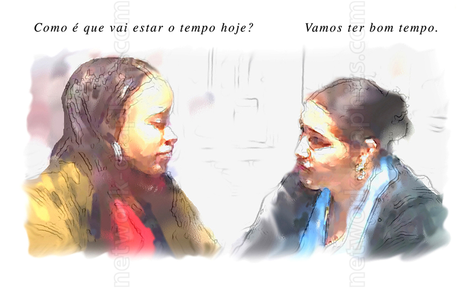 Two women having a conversation in Portuguese, discussing the weather. One asks about the weather forecast, and the other responds, stating that they will have good weather.