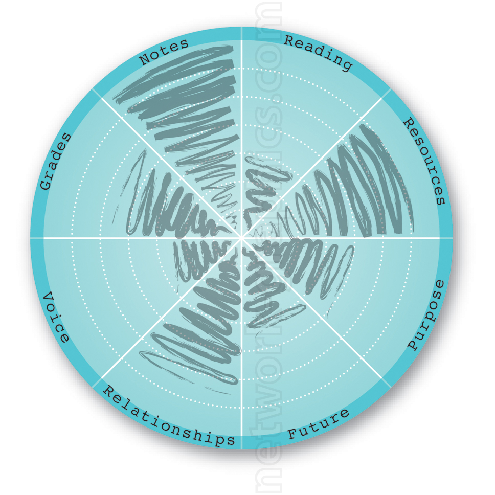 Personal assessment radar chart with eight segments: reading, resources, purpose, future, relationships, voice, grades, and notes, showing shaded areas indicating different levels of focus or achievement.