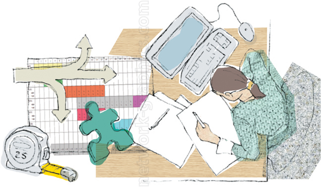 Illustration of a person working at a desk with papers, a computer, a puzzle piece, directional arrows, and a calendar chart, symbolizing various aspects of strategic planning and decision-making.