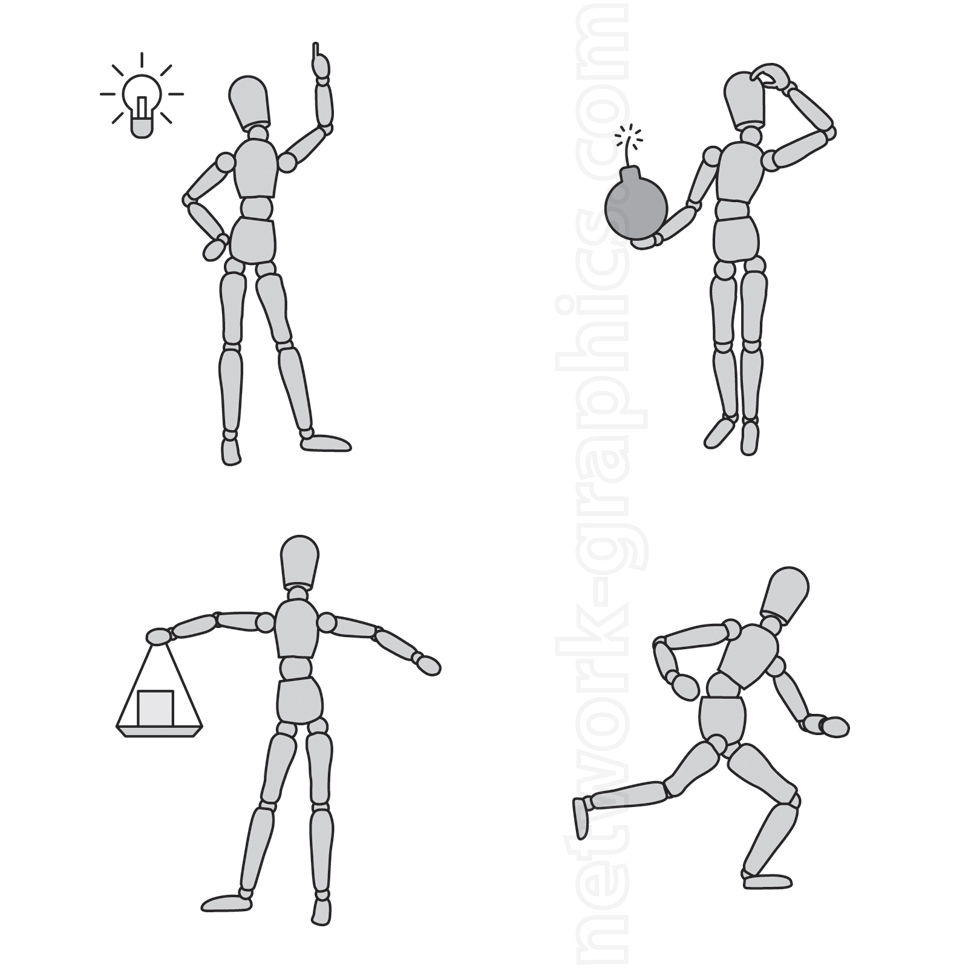 Four mannequin poses, representing an idea with a light bulb, holding a bomb in confusion, balancing a scale, and running in motion.