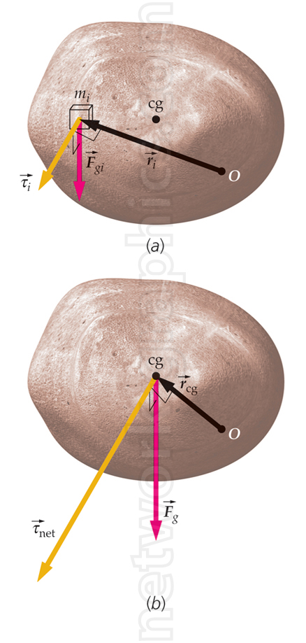 Two diagrams showing torque analysis on an irregularly shaped rock, with vectors illustrating individual torque, gravitational forces, and the center of gravity in physics concepts of rotational equilibrium.