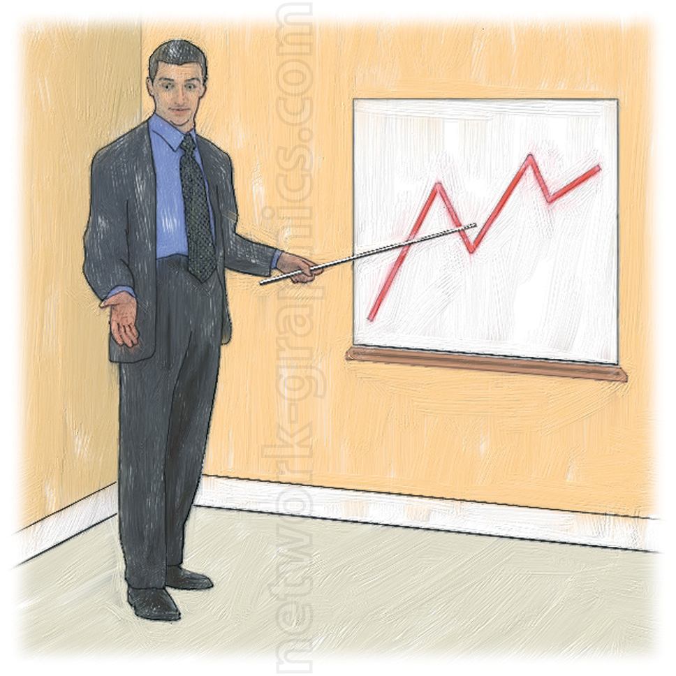 Illustration of a business professional presenting a line graph with a fluctuating trend, using a pointer to indicate data points on the chart. The graph shows rises and falls in the data.