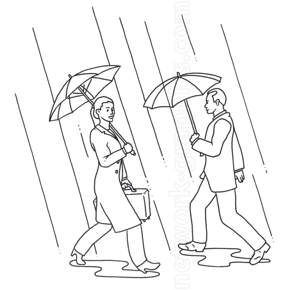 Two people walking in the rain, each holding an umbrella. The woman on the left carries a briefcase, and the man on the right walks toward her. Rain is depicted by diagonal lines.