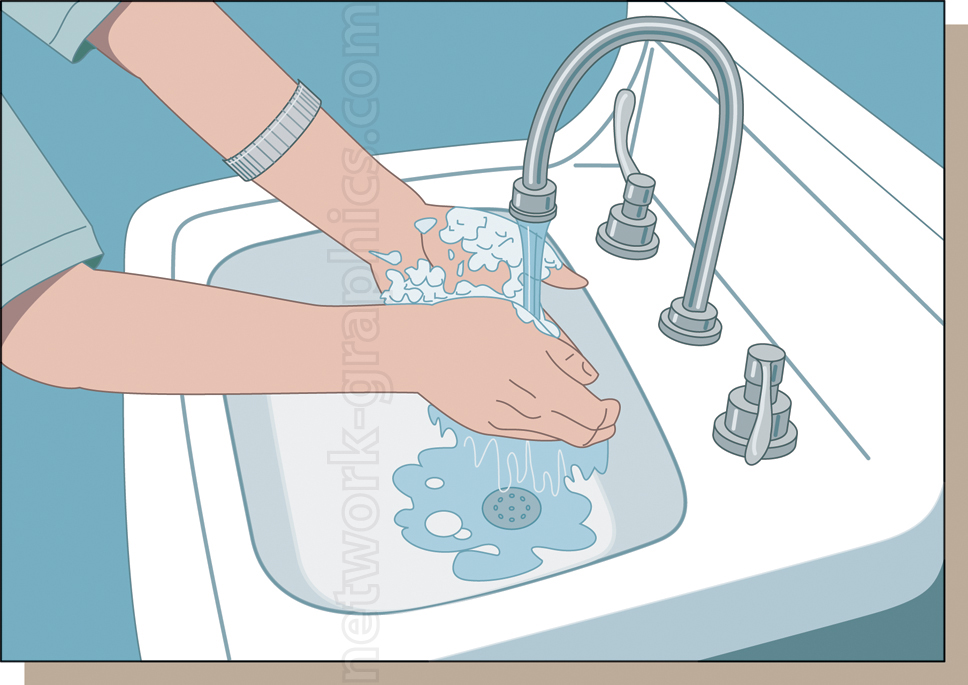 Illustration of hands being washed with soap under running water in a sink, demonstrating proper hand hygiene technique.