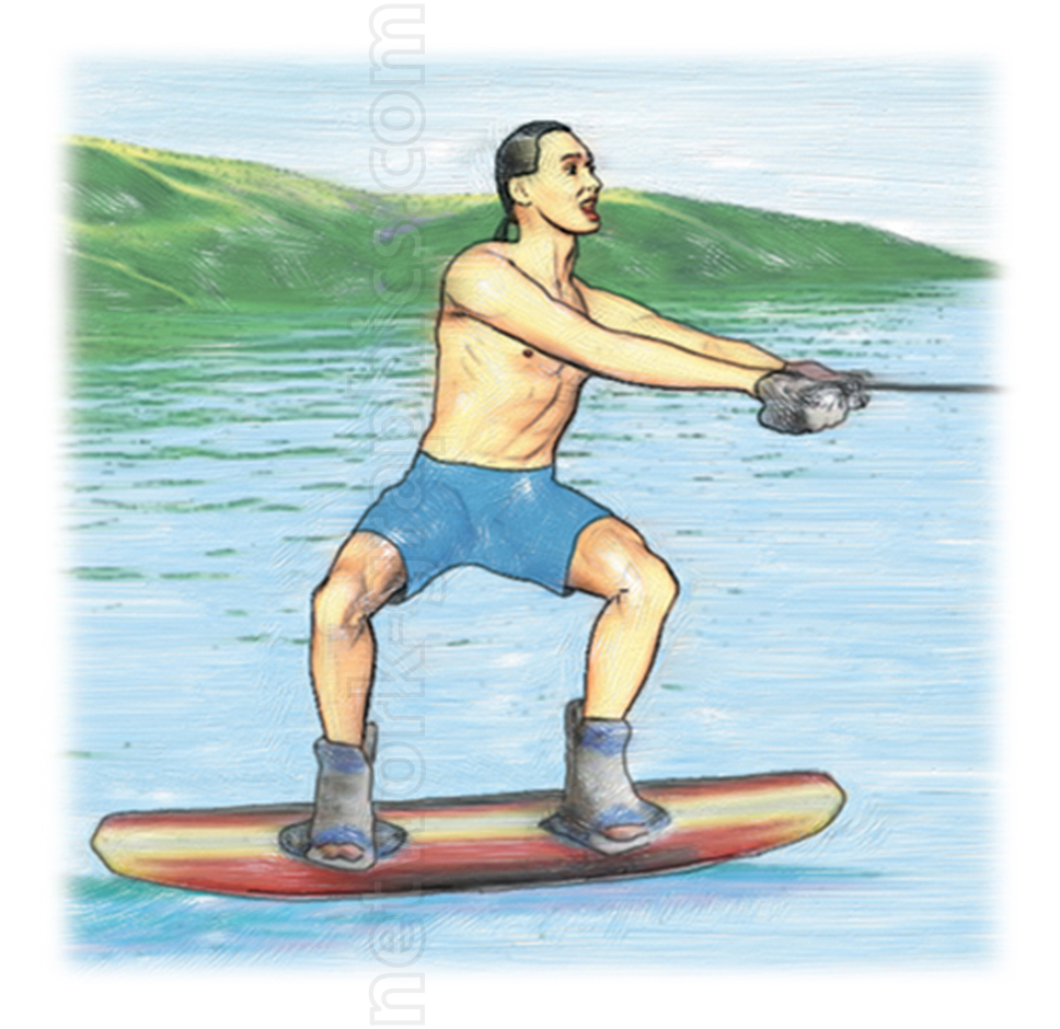 Illustration of a man wakeboarding on a lake, balancing in a squatting stance while holding a tow rope, with a lake and hills in the background.