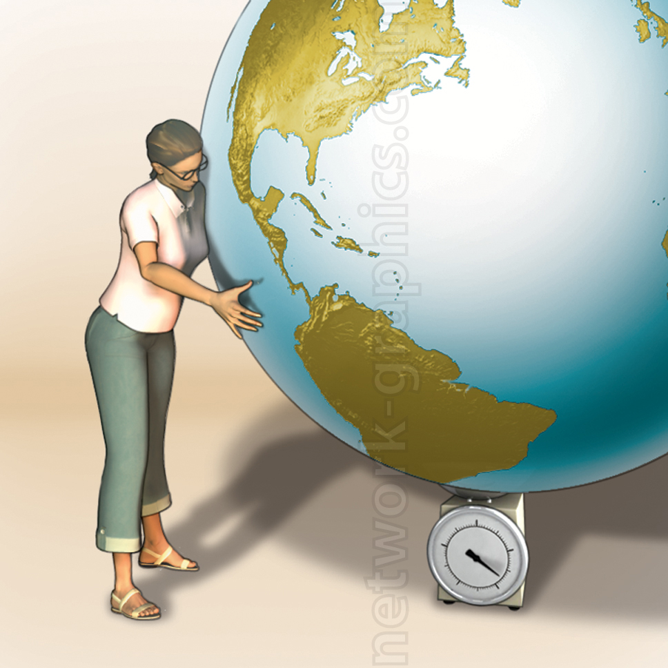 Illustration of a person attempting to measure the Earth's weight using a mechanical scale, with the Earth depicted as a large globe on the scale.